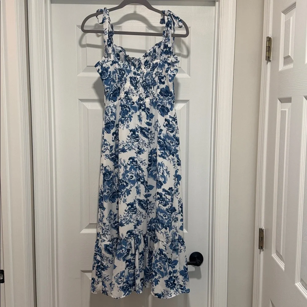 Blue Floral Tie-Strap Midi Dress - White & Blue o.p.t. Sz M - Picture 4 of 12